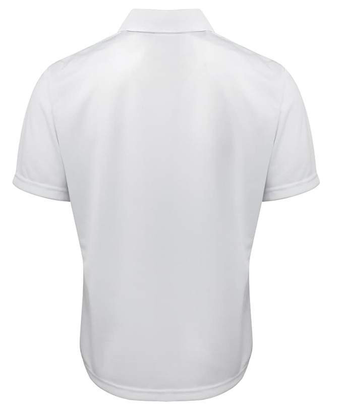 A white polo shirt with a collared design, featuring short sleeves and a logo on the back.