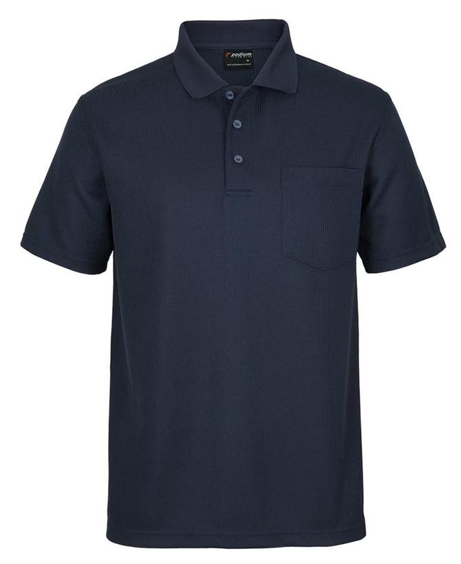 A navy blue polo shirt with a pocket and three buttons on the front. It features a logo on the label.