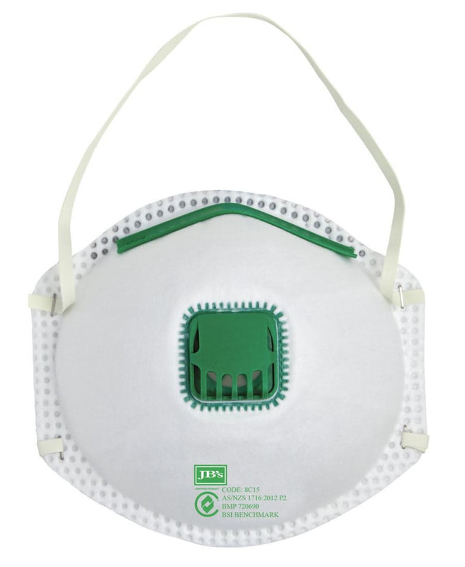 A white respirator mask with a green valve and straps, featuring a logo. Suitable for health and personal use.