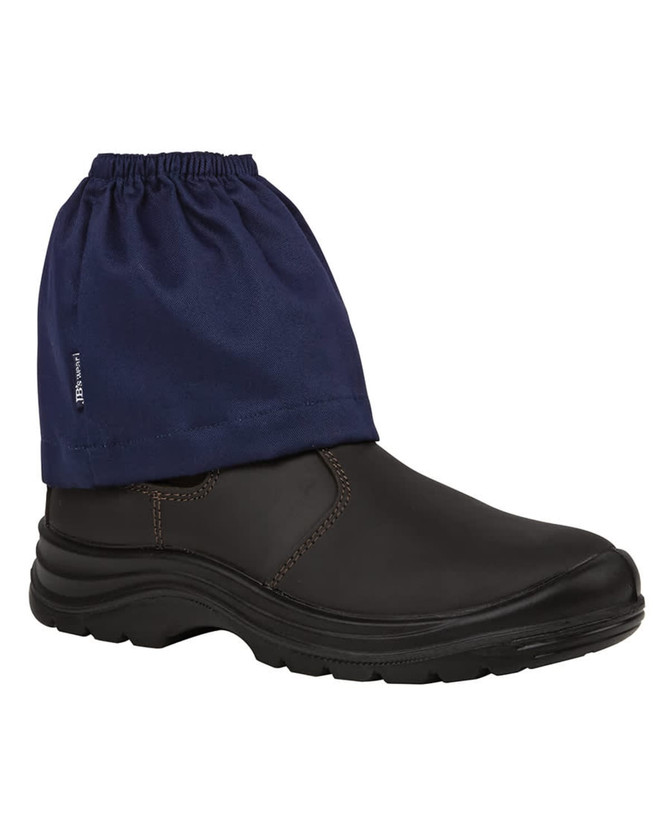 A black safety boot with a navy blue boot cover, featuring an elasticated top. Includes a logo.