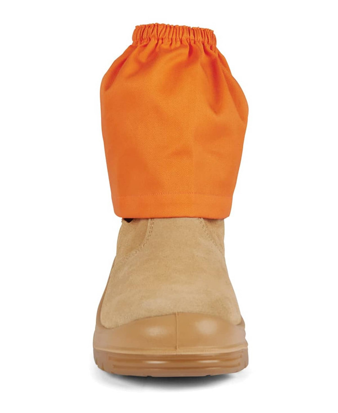 A tan work boot with a bright orange boot cover, featuring an elasticised top. Includes a logo on the cover.