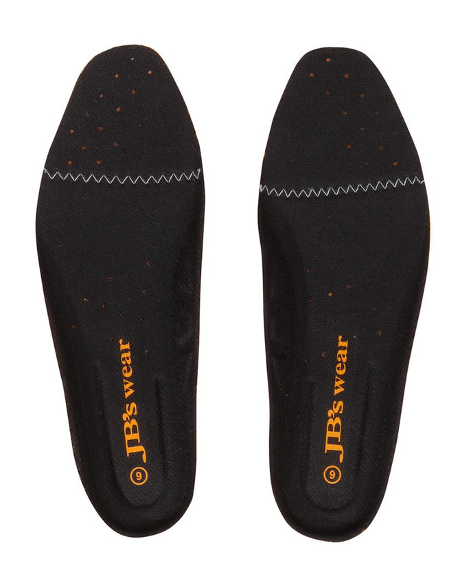 A pair of black insoles with an orange logo, featuring a textured surface and perforations for breathability.