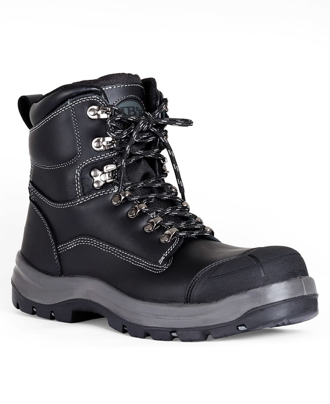 A black lace-up safety boot featuring a steel toe, rugged sole, and branding on the side.