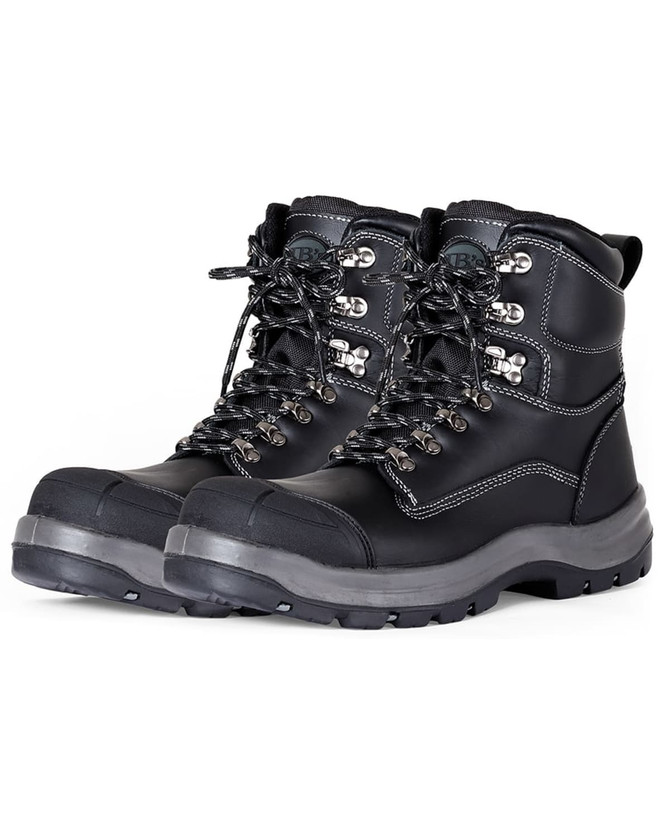 A pair of black lace-up safety boots featuring a sturdy design and metallic eyelets, with a logo on the side.