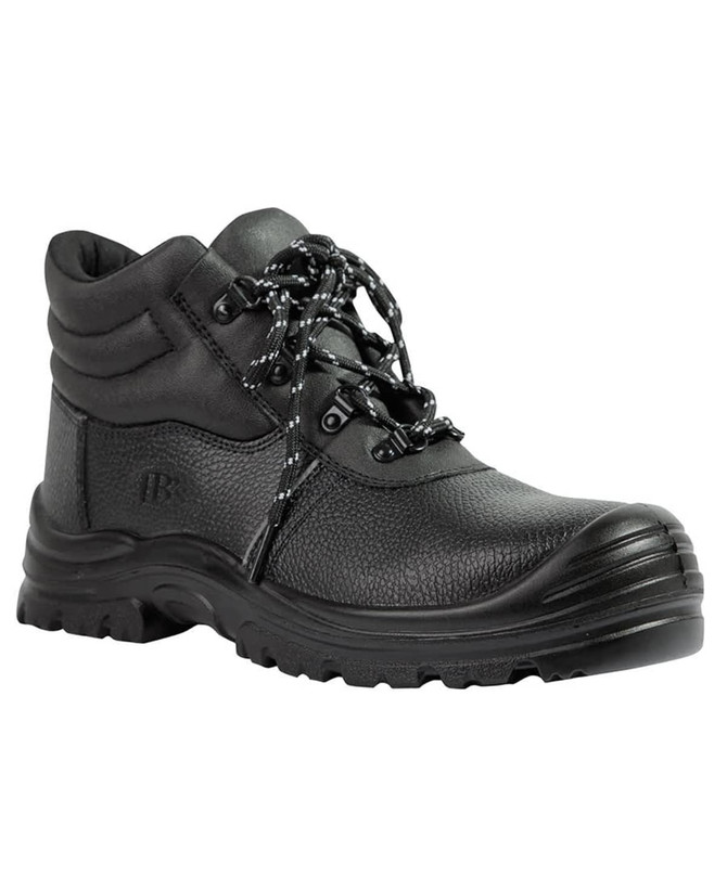 A black lace-up boot with a textured finish and sturdy sole, featuring stylish laces and a logo.