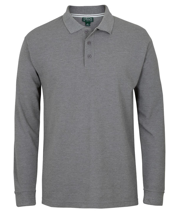 A long-sleeve grey pique polo shirt featuring a collar and buttons, with a logo on the chest.