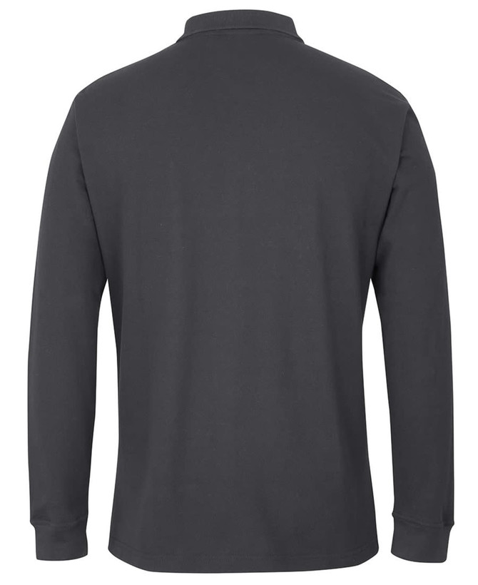 A long-sleeve polo shirt in dark grey, featuring a collar and a logo.