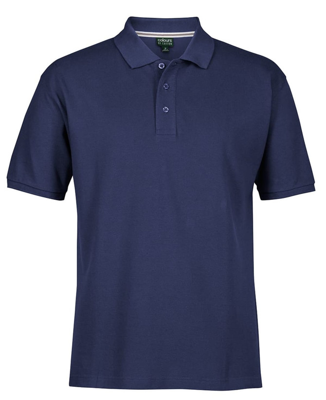 A navy blue polo shirt featuring a collar and three buttons, with a logo on it.