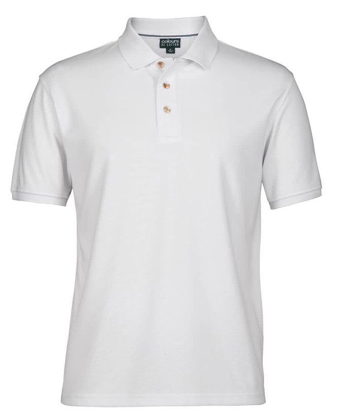 A white polo shirt featuring a classic collar and three buttons, with a logo on the chest.