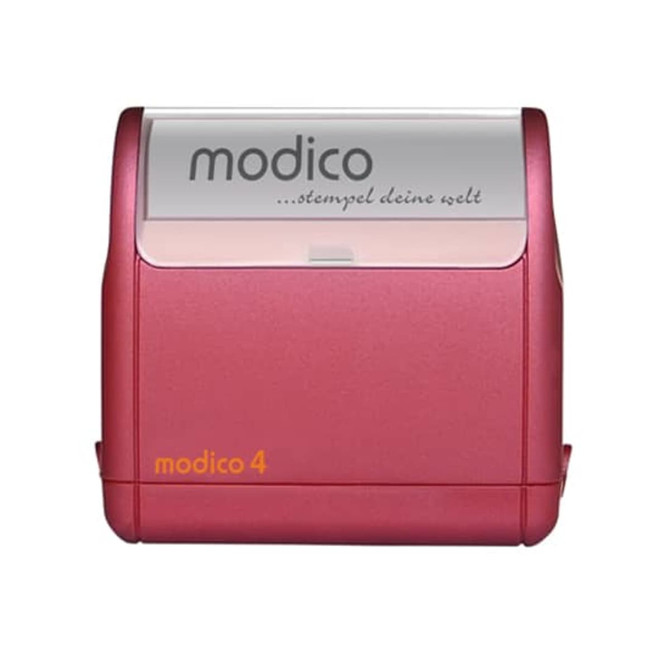 A pink Modico 4 stamp with a transparent top and an orange logo, designed for custom imprinting.