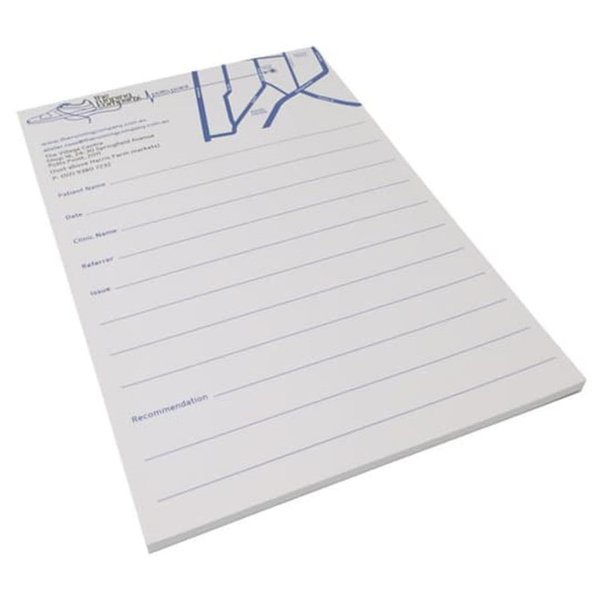 A5 writing pad featuring a white background with blue lines and a header section. It has a logo at the top.