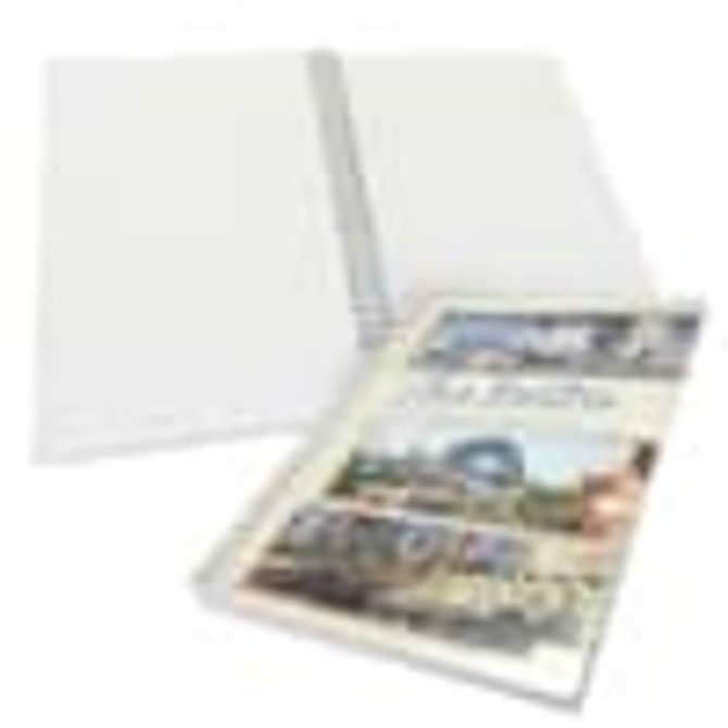 A5 soft cover wiro bound book with a four-colour cover featuring various images, containing 50 blank leaves.
