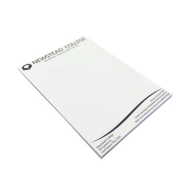 A notepad with a white cover, featuring a logo at the top and a sleek, minimalist design.