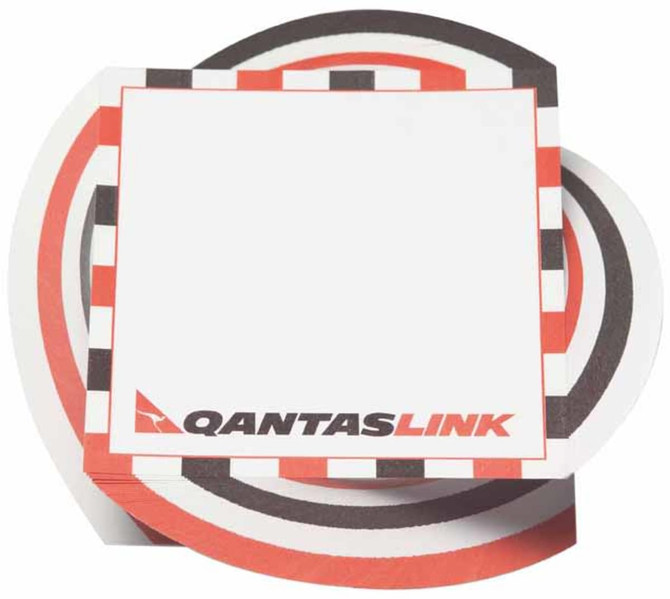 A set of 100x100mm sticky notes in vibrant red, black, and white with a branded logo.
