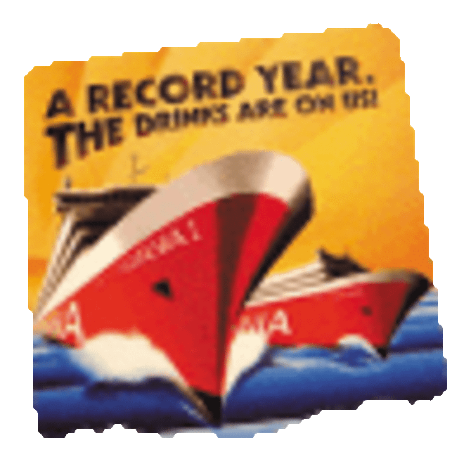 A vibrant coaster featuring two ships with bold red and yellow colours, along with a logo.