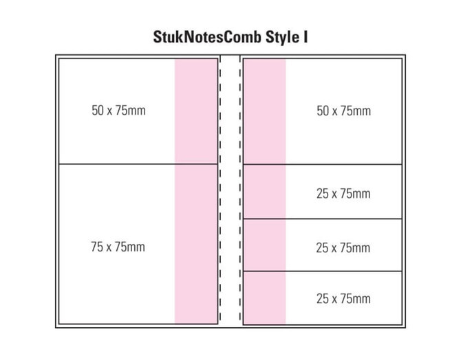 A Combo Pad design featuring a laminated four-colour cover with various note sizes in pink and white.
