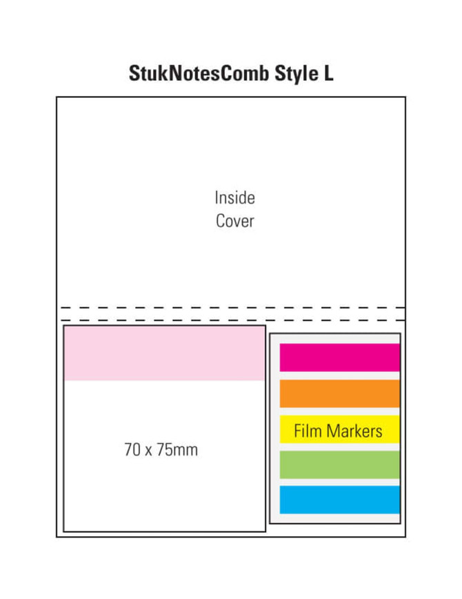 A combination laminated pad featuring a four-color cover with sections for film markers and notes in pink, green, blue, and orange.