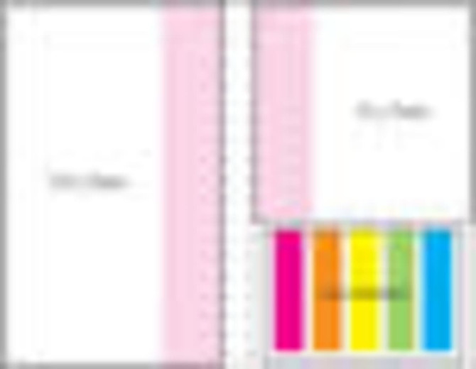 A laminated pad with a four-colour cover featuring pink, yellow, green, orange, and blue sections. It has a logo.