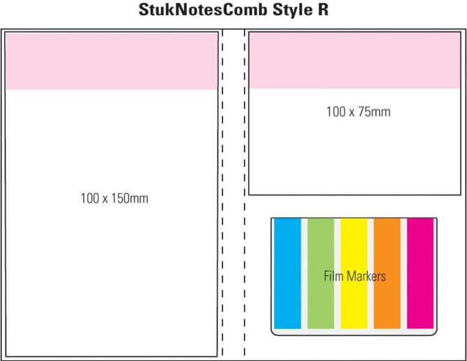 A notepad featuring a pink and white laminated cover with sections in various sizes and a set of film markers in rainbow colours.