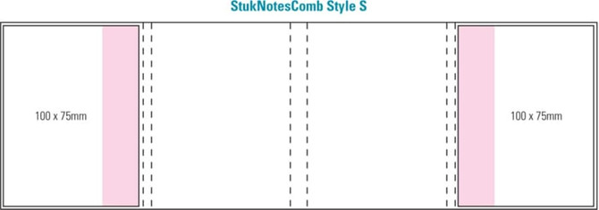 A layout design for a product with four pink combo pads, each measuring 100 x 75mm, featuring dashed lines for folding.