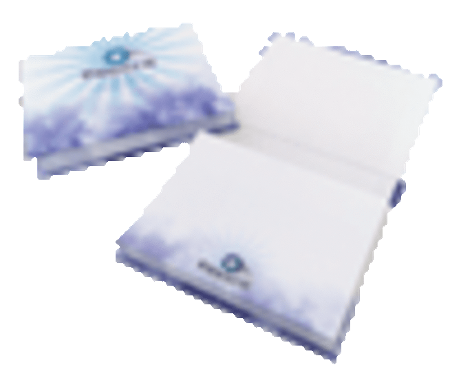 A notepad with a hard cover featuring a blue and white design, open to display blank pages inside.