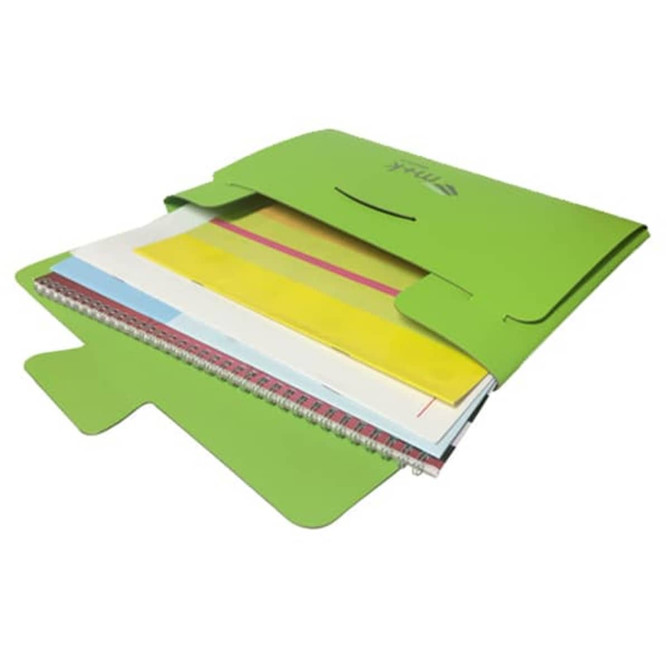 A green folder contains various sheets and a spiral notebook, with an inner pocket for storage.