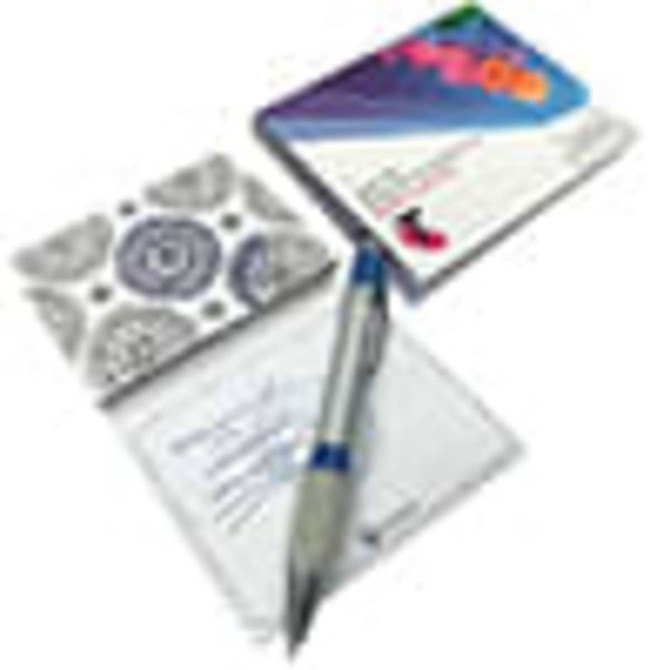 A combination pad set featuring a patterned notepad and a silver pen, with a blue accent. Includes a branded logo.