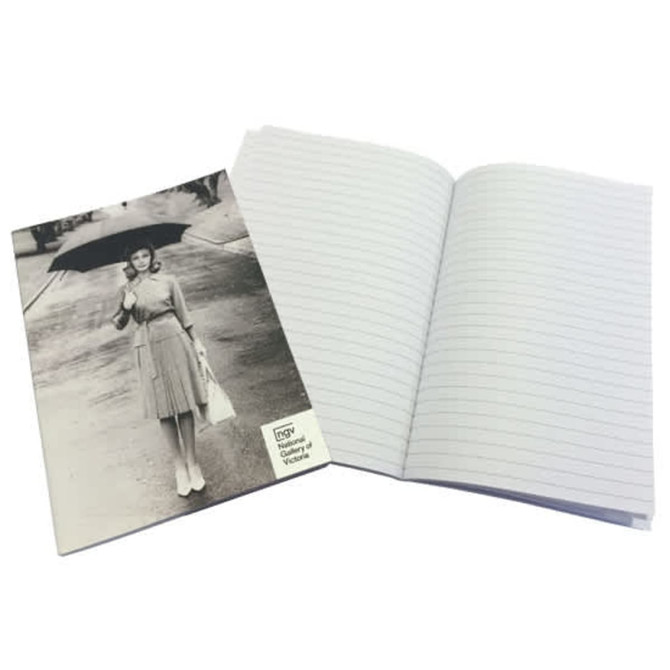 A5 soft cover notebook featuring a vintage black-and-white photo on the cover and lined pages inside.