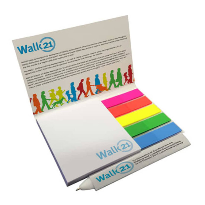 A set of quick notes with multi-coloured sticky tabs and a flat pen, presented in a branded cover.