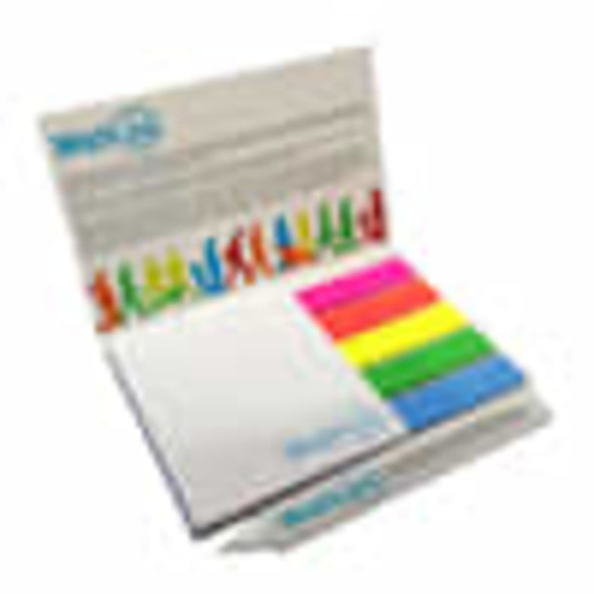 A promotional set featuring a note pad and colourful markers in pink, green, yellow, and blue. Includes a flat pen and branding.