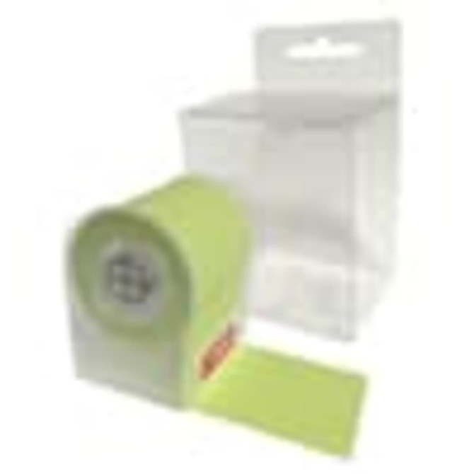A green roll of notes in a clear printed dispenser, suitable for office use.