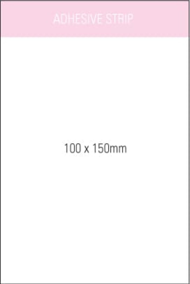 A white notepad with adhesive strip, measuring 100 x 150mm, featuring a logo at the top.