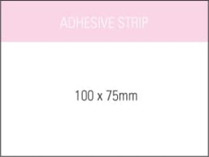 A notepad measuring 100 x 75 mm with a white background and pink header, featuring an adhesive strip.