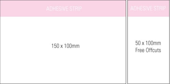 A notepad featuring an adhesive strip, measuring 150 x 100 mm, in white with a pink header. Includes free offsets.