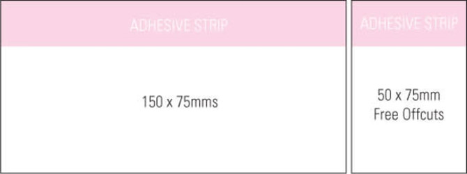 A notepad featuring a white design with a pink adhesive strip, measuring 150x75 mm. Includes free offcuts.