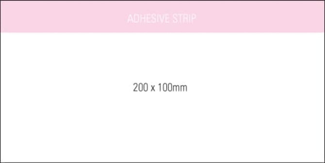 A white notepad, 200x100mm, featuring an adhesive strip at the top. It includes 100 leaves and has branding.