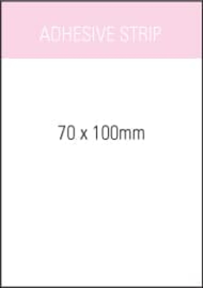 A notepad with a white surface, measuring 70x100mm, featuring a pink adhesive strip at the top and a logo.