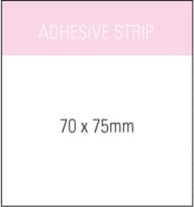 A notepad featuring a white design, measuring 70x75mm, with an adhesive strip and a branding logo.