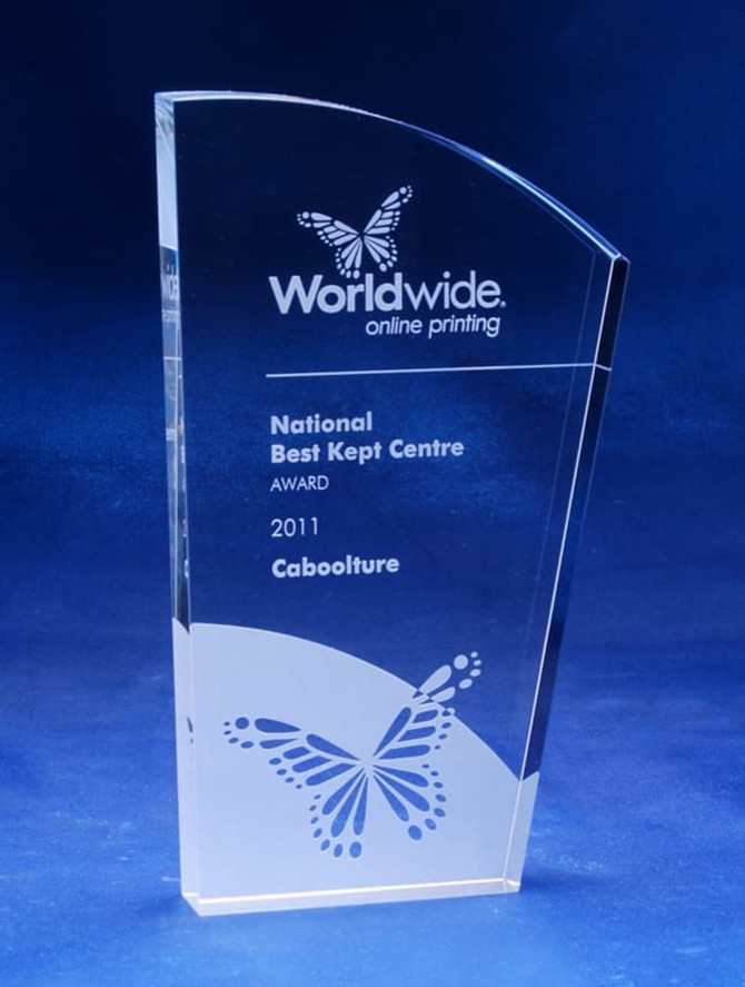 A clear optical crystal award with an asymmetrical arch design, featuring a butterfly graphic and a logo.