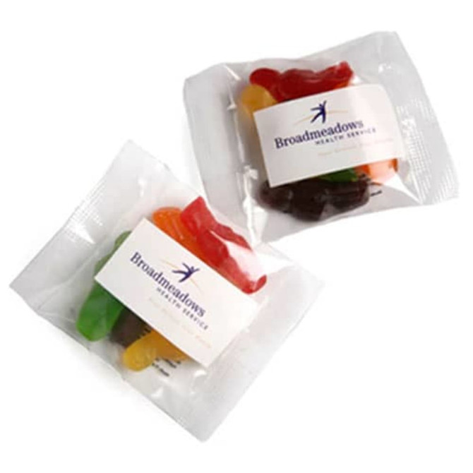 Two clear bags containing assorted jelly babies in various colours, each with a branded sticker on the front.