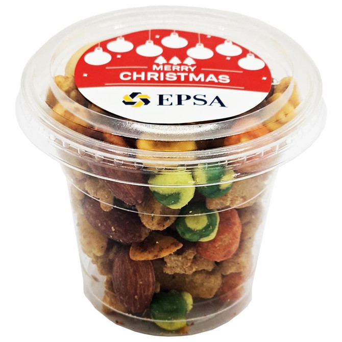 A clear tub filled with a mix of colourful nuts and savoury snacks, featuring a festive lid with a logo.