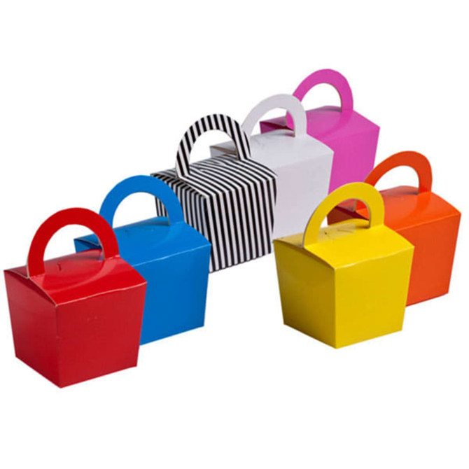A set of coloured noodle boxes in red, blue, yellow, orange, pink, and striped black and white.
