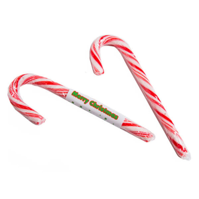 Two red and white striped candy canes, each 15cm long, with a decorative sticker.