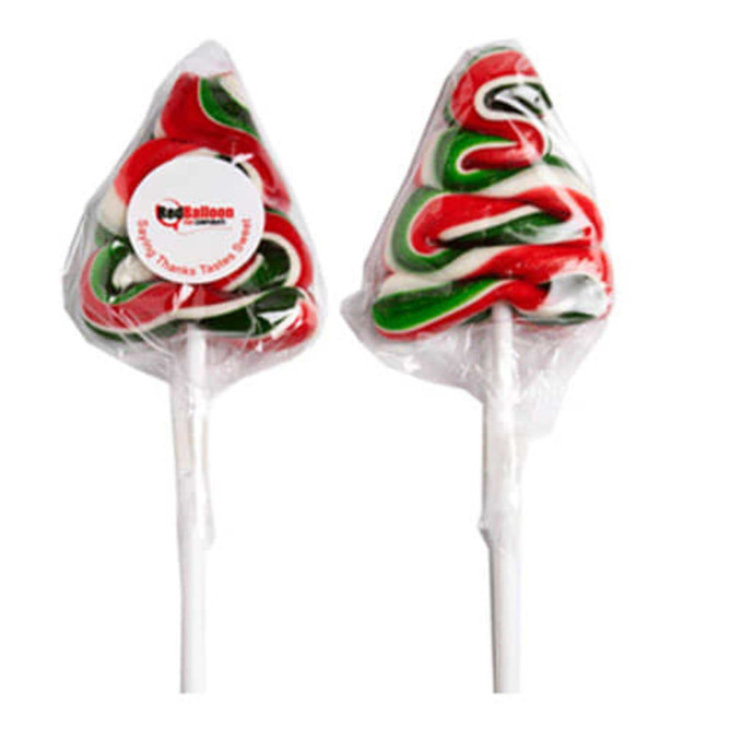 A Christmas tree-shaped lollipop featuring red, green, and white swirls, packaged with a sticker.
