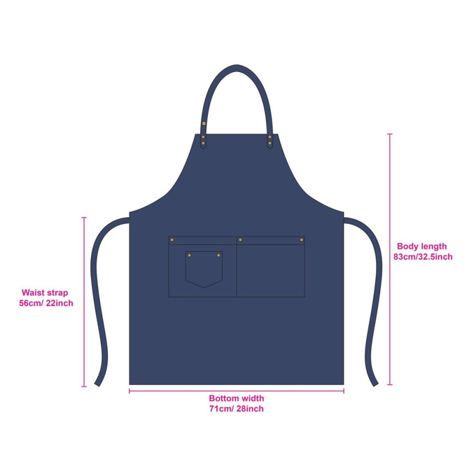 A navy blue poly-cotton denim full bib apron with neck strap and front pockets. Features a logo.