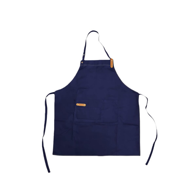 A navy blue poly-cotton canvas full bib apron with neck strap and a pocket, featuring a logo.