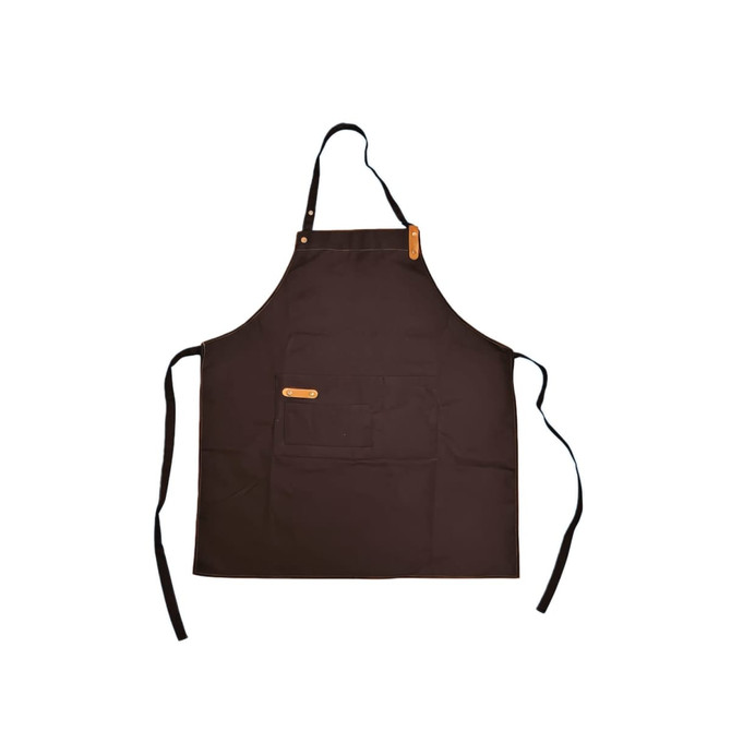 A black poly-cotton canvas full bib apron with neck strap and a front pocket, featuring a logo.