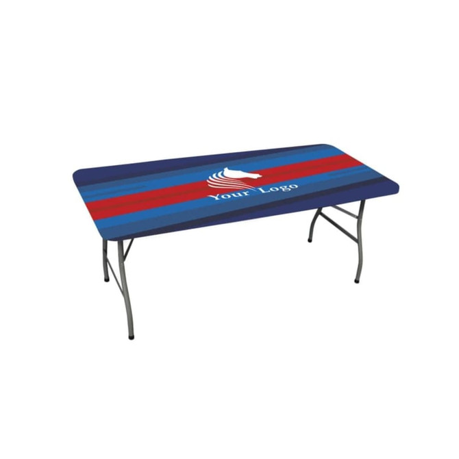 A rectangular table topper with a blue background and red stripes, featuring a logo in the centre.