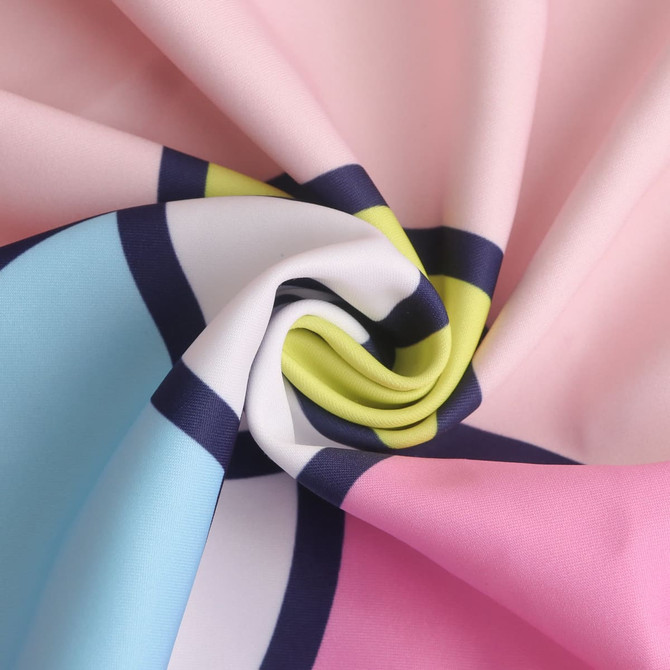 A fabric with a pattern of pink, blue, and green colours, featuring stripes and a smooth texture.