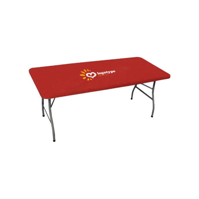A red rectangle table topper for a 4ft table, featuring a logo in the centre. The table has folding metal legs.